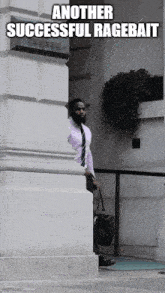 a man leaning against a wall with another successful ragebait written below him