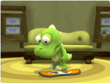 a cartoon dinosaur is standing on a snowboard with the letter o on it