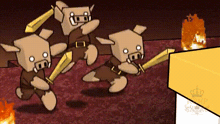 three pigs are holding swords in a cartoon and fighting each other .