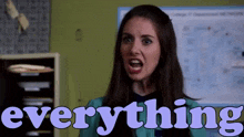 a woman with her mouth open and the word everything written in purple