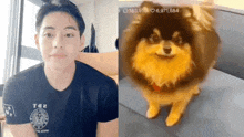 a man and a dog are sitting next to each other . the dog is looking at the camera .