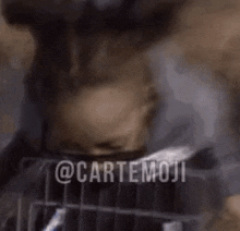 a close up of a person 's face with the word cartemoji written on it .