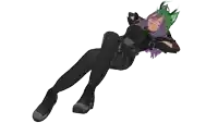 a girl with purple hair and green ears is laying on her back