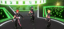 three anime characters are dancing on a stage in a video game