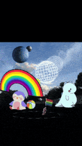 a cartoon of a penguin a dinosaur a rainbow and a globe