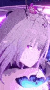a close up of a girl with purple hair and a butterfly on her chest