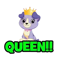 a purple dog wearing a crown and the word queen behind it