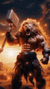 a lion is holding a hammer in his hand