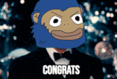 a man in a tuxedo with a blue monkey on his head and the words congrats on the bottom