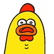 a cartoon chicken with a red head and orange beak is looking at the camera .