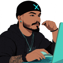 a man wearing a black hat with a blue x on it
