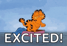 a cartoon of garfield jumping out of a box with the word excited below him