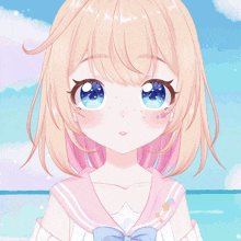 a girl with pink hair and blue eyes is wearing a sailor suit