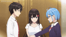 three anime characters are standing next to each other with nbds sama written on the bottom left