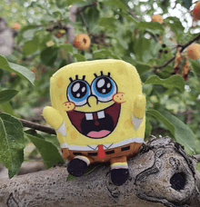 a stuffed spongebob squarepants toy is sitting on a tree branch