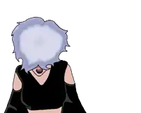 a drawing of a girl with purple hair and the word woof behind her