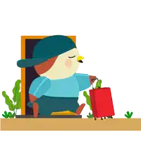 a cartoon bird wearing a hat and carrying a suitcase