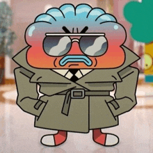 gumball from the amazing world of gumball is wearing a trench coat , sunglasses and a tie .