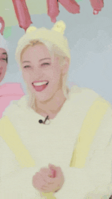 a person wearing a yellow outfit with the word lucky on the bottom