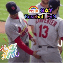 a baseball player with the number 13 on his back is being touched by another player