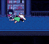 a pixel art of a girl and a dog standing next to each other in a library .