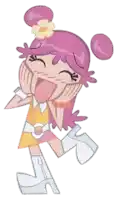a cartoon girl with pink hair and a flower in her hair is making a funny face