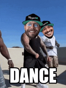 a group of men are dancing with the word dance on the bottom right