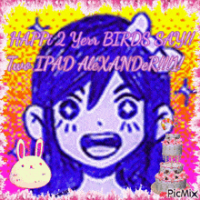 a picture of a girl with purple hair and a cake with a rabbit on it .