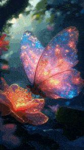 a colorful butterfly is perched on a flower in the dark