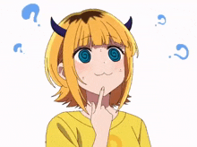 a girl with horns and a question mark behind her