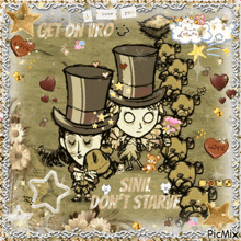 a picture of a man and a woman in top hats with the words get on iro written on it