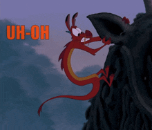 a cartoon of a red dragon with the words uh-oh above him