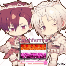 a couple of anime characters standing next to each other with a picture of a lesbian flag behind them