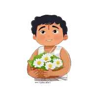 a cartoon drawing of a boy holding a basket of flowers