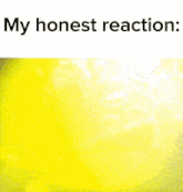 a close up of a yellow liquid with the words `` my honest reaction '' written on it .