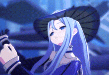 a girl with long blue hair and a hat is holding an umbrella in a video game .