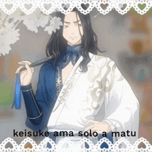 a drawing of a man with long hair and the words keisuke ama solo a matu