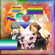 a picture of two anime characters with the words love love love written in pink