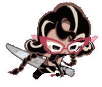 a cartoon girl with glasses is holding a sword and a microphone .