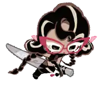 a cartoon girl with glasses is holding a sword and a microphone .