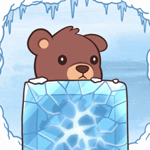 a cartoon of a teddy bear peeking out from behind a block of ice