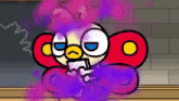 a cartoon character with a purple smoke coming out of his mouth