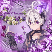 a picture of a boy surrounded by purple flowers with the words good morning