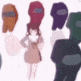 a group of people standing next to each other with among us characters on their heads .