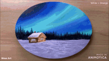 a painting of a cabin in the middle of a snowy field made by wow art