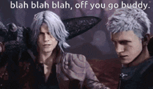 two men are standing next to each other in a video game and they are talking to each other .