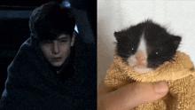 a man is wrapped in a blanket next to a black and white kitten