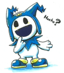 a drawing of a cartoon character with a blue hat and a question mark .
