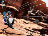 a cartoon character is riding a motorcycle down a hill in the desert .