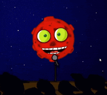 a cartoon of a red planet with green eyes and a microphone in front of a crowd
